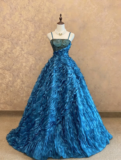 Vibrant Teal Spaghetti Straps Sequin Beaded Bodice Wavy Ruffled A-Line Long Prom Dress AD1402