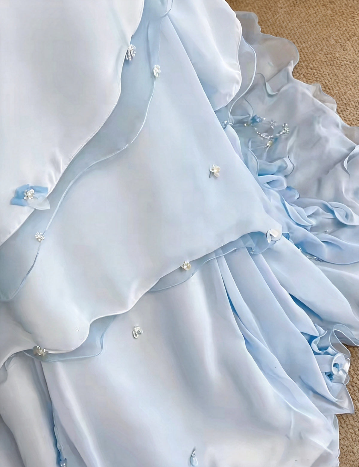 Delicate Light Blue Square Neck Sheer Cap Sleeve Beaded Floral A-Line Long Prom Dress With Chapel Train AD1403