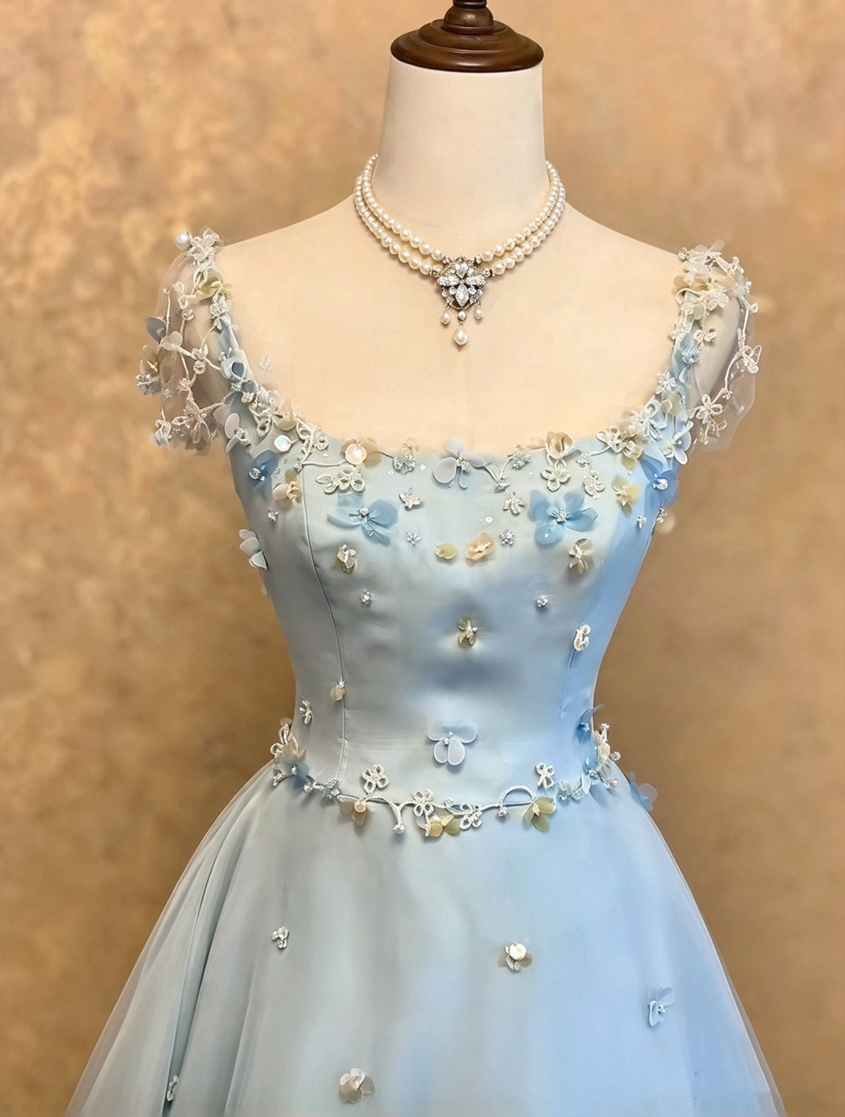 Delicate Light Blue Square Neck Sheer Cap Sleeve Beaded Floral A-Line Long Prom Dress With Chapel Train AD1403