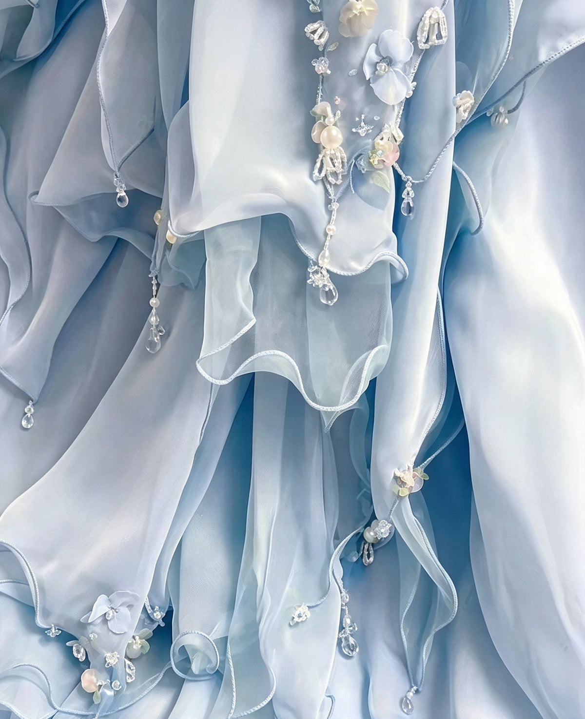 Delicate Light Blue Square Neck Sheer Cap Sleeve Beaded Floral A-Line Long Prom Dress With Chapel Train AD1403