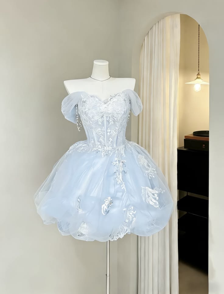 Dreamy Light Blue Off The Shoulder White Floral Appliques A Line Bubble Tulle Short Homecoming Dress AS1403