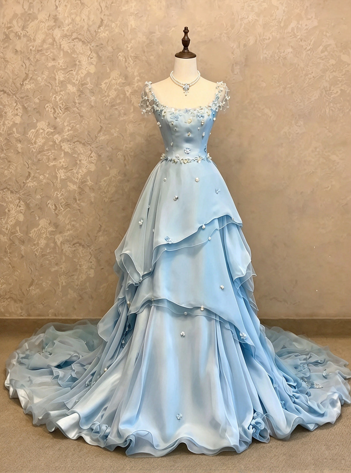 Delicate Light Blue Square Neck Sheer Cap Sleeve Beaded Floral A-Line Long Prom Dress With Chapel Train AD1403
