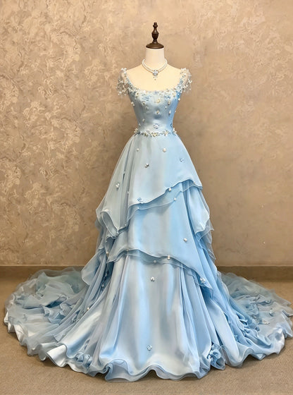 Delicate Light Blue Square Neck Sheer Cap Sleeve Beaded Floral A-Line Long Prom Dress With Chapel Train AD1403