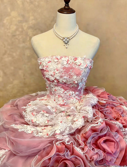 Romantic Pink Strapless Lace 3D Floral Appliiques Beaded A-Line Ball Gown Long Prom Dress With Chapel Train AD1404