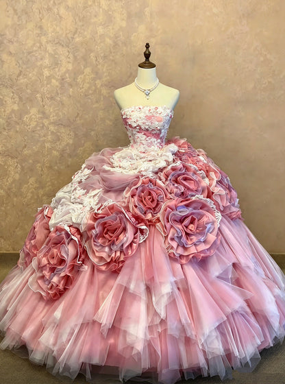Romantic Pink Strapless Lace 3D Floral Appliiques Beaded A-Line Ball Gown Long Prom Dress With Chapel Train AD1404