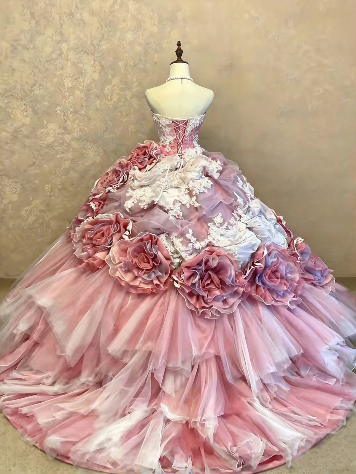 Romantic Pink Strapless Lace 3D Floral Appliiques Beaded A-Line Ball Gown Long Prom Dress With Chapel Train AD1404