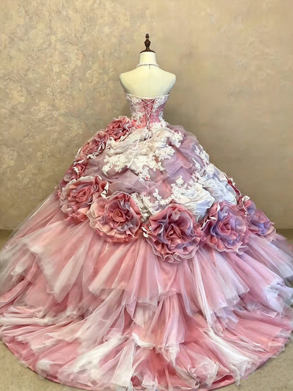 Romantic Pink Strapless Lace 3D Floral Appliiques Beaded A-Line Ball Gown Long Prom Dress With Chapel Train AD1404