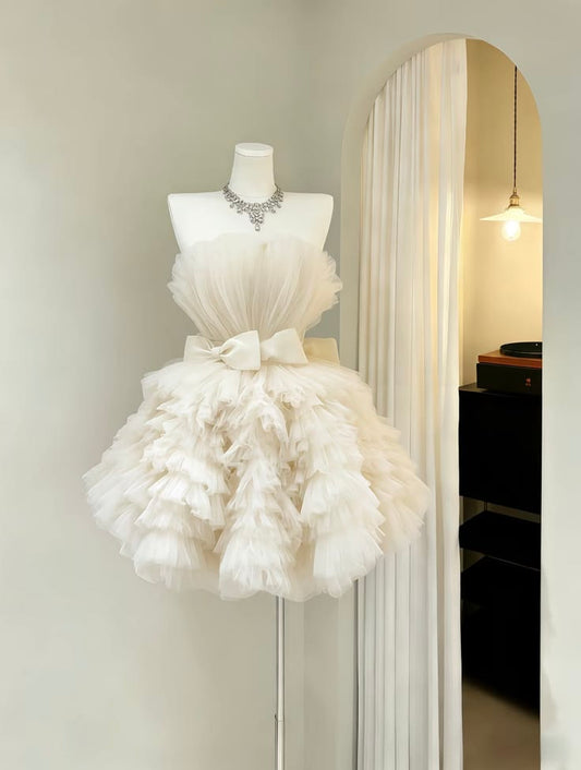 Chic Ivory Strapless Satin Bow Multi-Tier Fluffy Tulle A Line Short Homecoming Dress AS1404