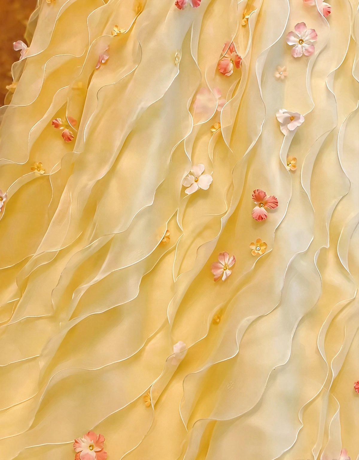 Gorgeous Yellow Spaghetti Straps 3D Floral Appliques Wavy Ruffle A-Line Long Prom Dress AD1405