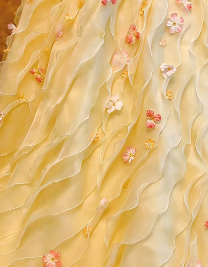 Gorgeous Yellow Spaghetti Straps 3D Floral Appliques Wavy Ruffle A-Line Long Prom Dress AD1405