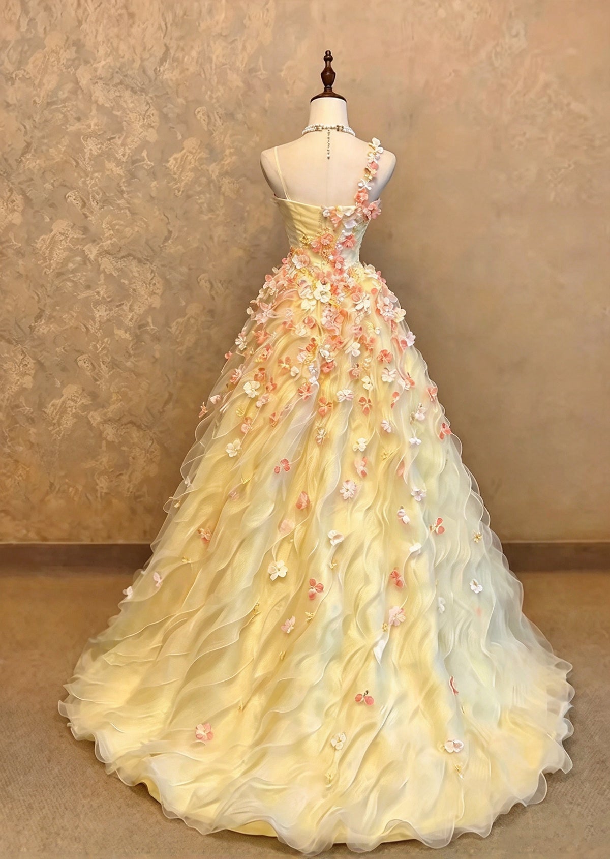 Gorgeous Yellow Spaghetti Straps 3D Floral Appliques Wavy Ruffle A-Line Long Prom Dress AD1405