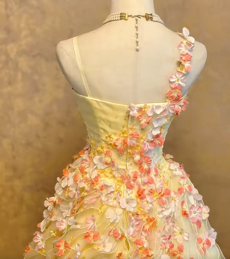 Gorgeous Yellow Spaghetti Straps 3D Floral Appliques Wavy Ruffle A-Line Long Prom Dress AD1405