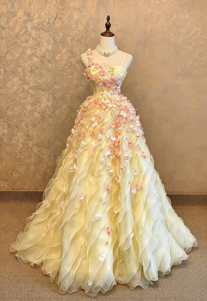 Gorgeous Yellow Spaghetti Straps 3D Floral Appliques Wavy Ruffle A-Line Long Prom Dress AD1405