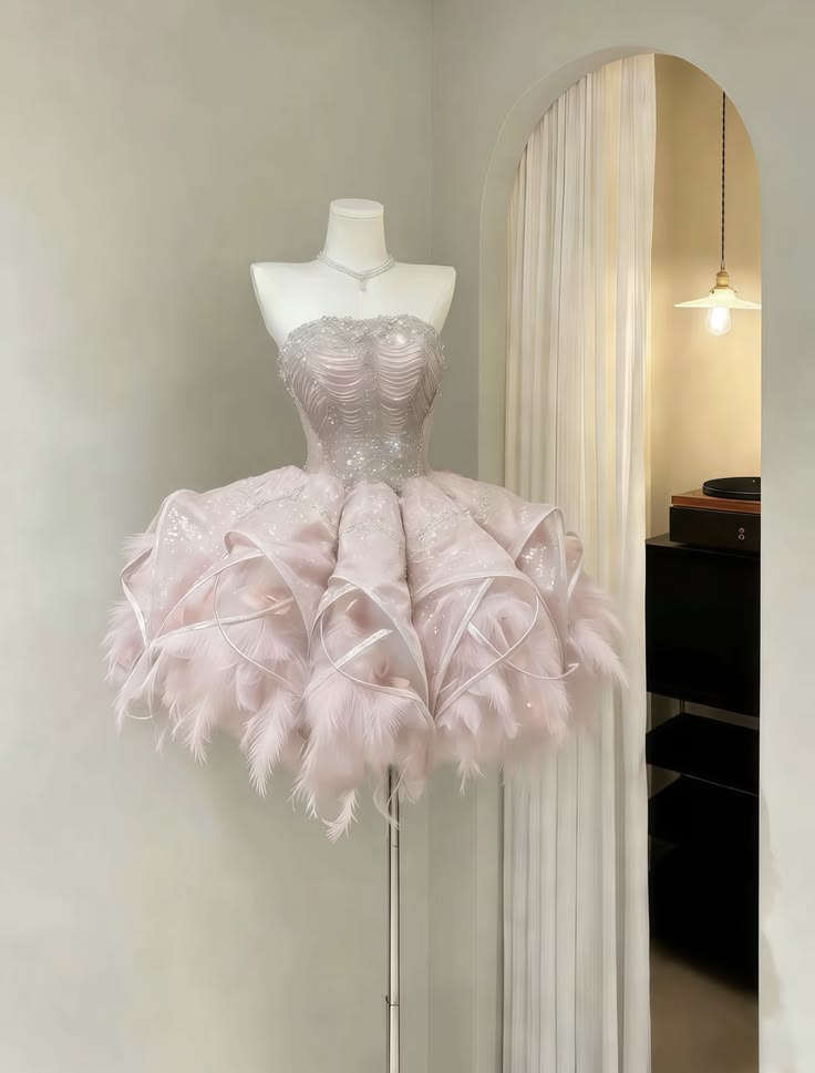 Stunning Pink Strapless Beaded Corset Bodice Glitter Tulle Feather Hem A Line Short Homecoming Dress AS1405
