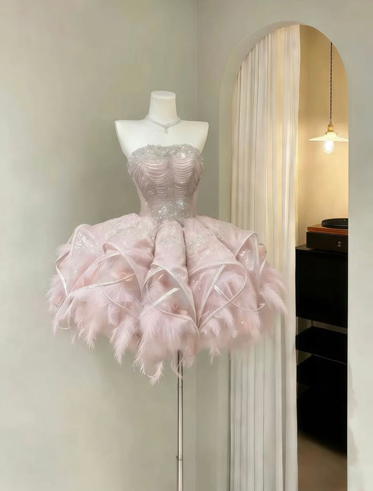 Stunning Pink Strapless Beaded Corset Bodice Glitter Tulle Feather Hem A Line Short Homecoming Dress AS1405