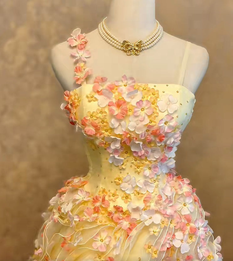 Gorgeous Yellow Spaghetti Straps 3D Floral Appliques Wavy Ruffle A-Line Long Prom Dress AD1405