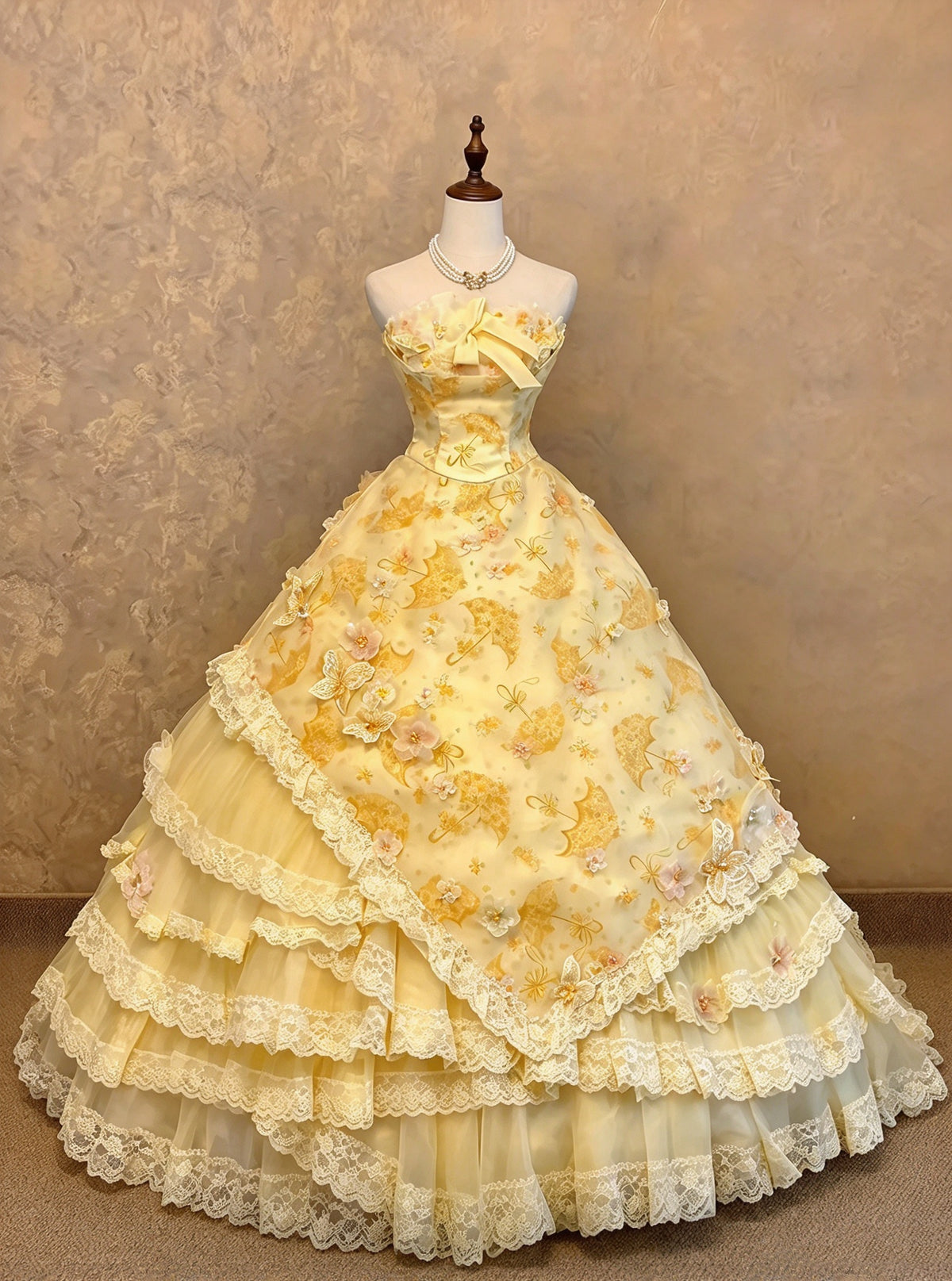 Unique Yellow Strapless Bow Floral Appliques Print Beaded Lace A-Line Long Prom Dress AD1406