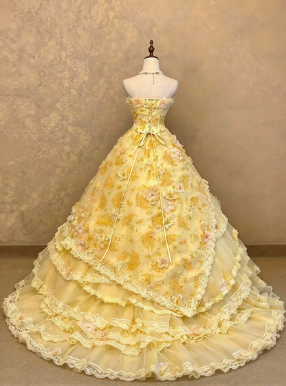Unique Yellow Strapless Bow Floral Appliques Print Beaded Lace A-Line Long Prom Dress AD1406