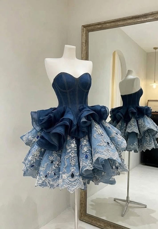 Unique Blue Strapless Sweetheart Corset Bodice Tiered Ruffle Floral Lace Appliques Beaded A Line Short Homecoming Dress AS1406
