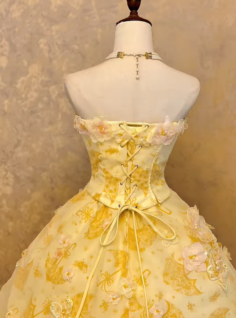Unique Yellow Strapless Bow Floral Appliques Print Beaded Lace A-Line Long Prom Dress AD1406