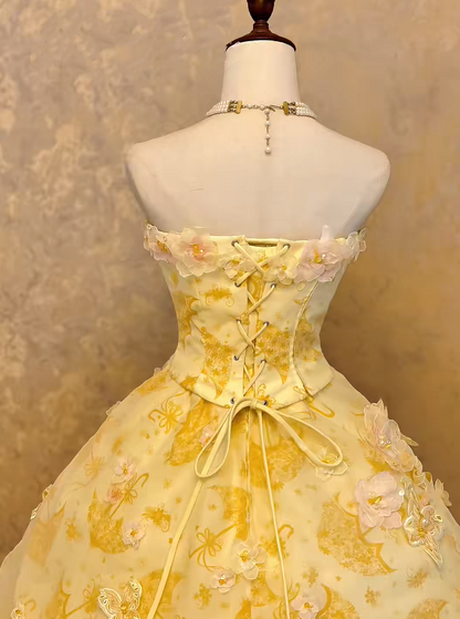 Unique Yellow Strapless Bow Floral Appliques Print Beaded Lace A-Line Long Prom Dress AD1406