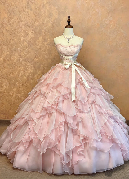 Stunning Blush Pink Strapless Beaded Sequin Sash Bow Ruffled A-Line Ball Gown Long Prom Dress AD1407