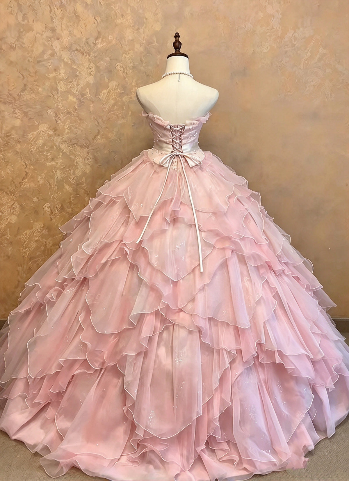 Stunning Blush Pink Strapless Beaded Sequin Sash Bow Ruffled A-Line Ball Gown Long Prom Dress AD1407