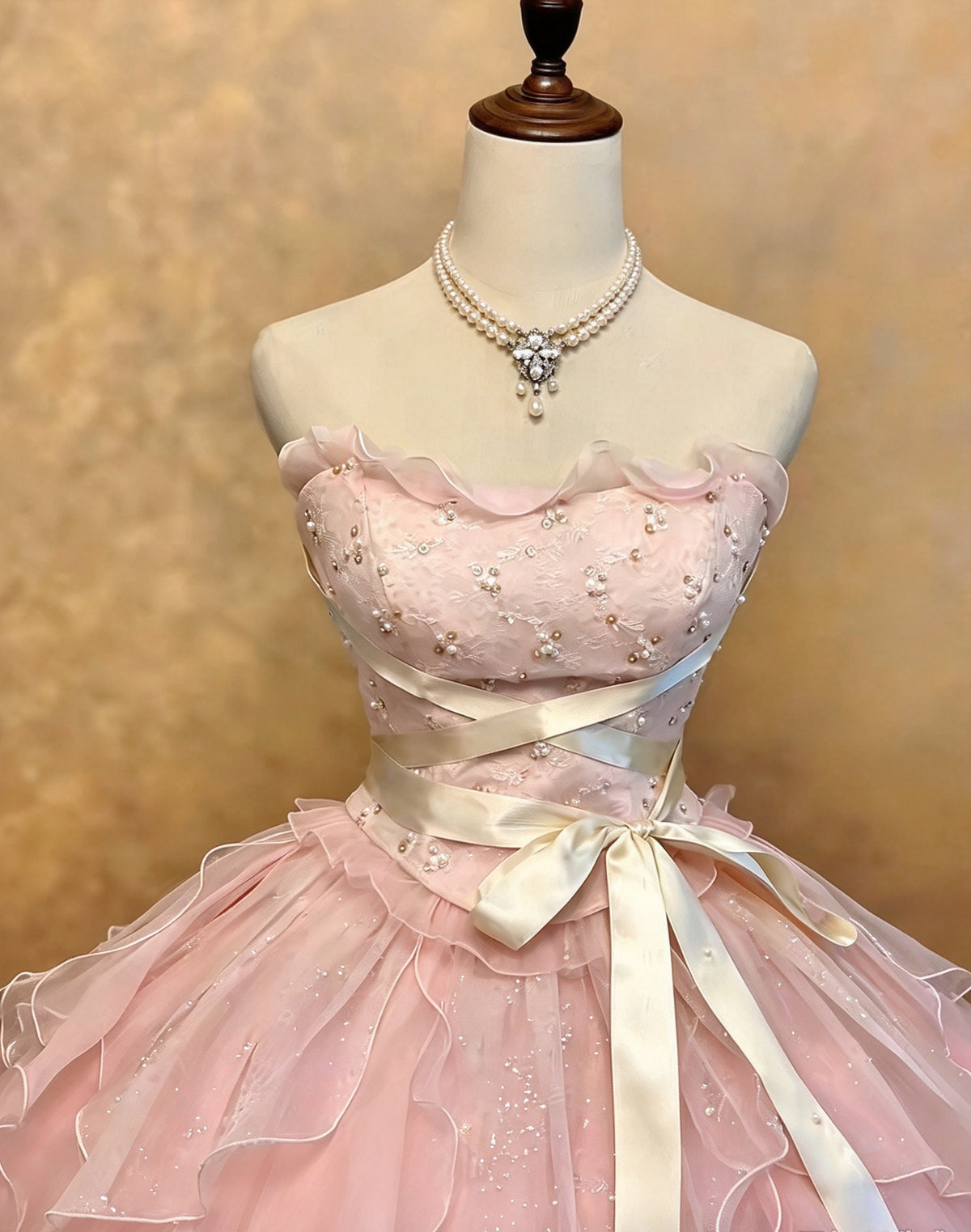 Stunning Blush Pink Strapless Beaded Sequin Sash Bow Ruffled A-Line Ball Gown Long Prom Dress AD1407