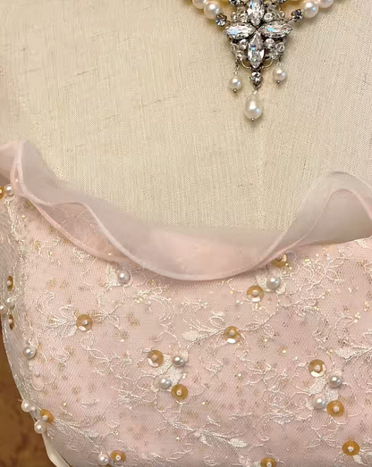 Stunning Blush Pink Strapless Beaded Sequin Sash Bow Ruffled A-Line Ball Gown Long Prom Dress AD1407