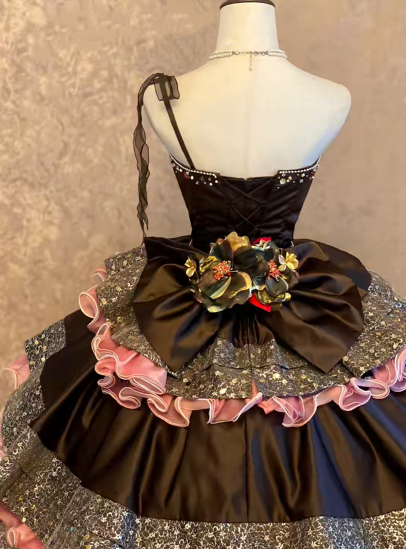Chic Black One Shoulder Beaded Glitter 3D Floral Ombre Pink Ruffled Tiered Ball Gown Long Prom Dress AD1408