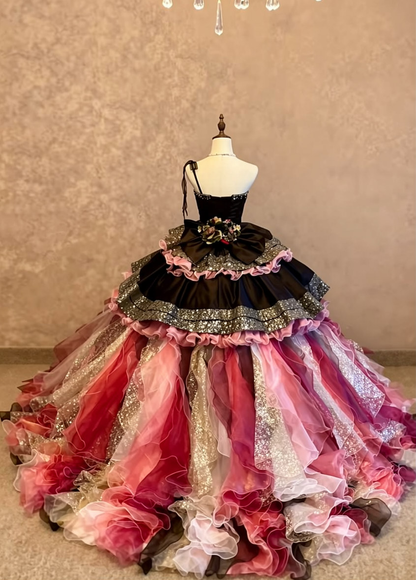 Chic Black One Shoulder Beaded Glitter 3D Floral Ombre Pink Ruffled Tiered Ball Gown Long Prom Dress AD1408