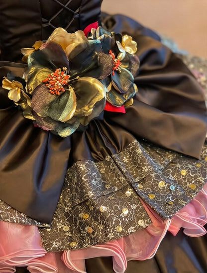 Chic Black One Shoulder Beaded Glitter 3D Floral Ombre Pink Ruffled Tiered Ball Gown Long Prom Dress AD1408