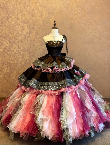 Chic Black One Shoulder Beaded Glitter 3D Floral Ombre Pink Ruffled Tiered Ball Gown Long Prom Dress AD1408