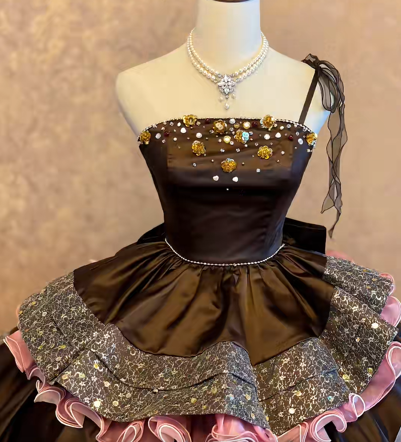Chic Black One Shoulder Beaded Glitter 3D Floral Ombre Pink Ruffled Tiered Ball Gown Long Prom Dress AD1408