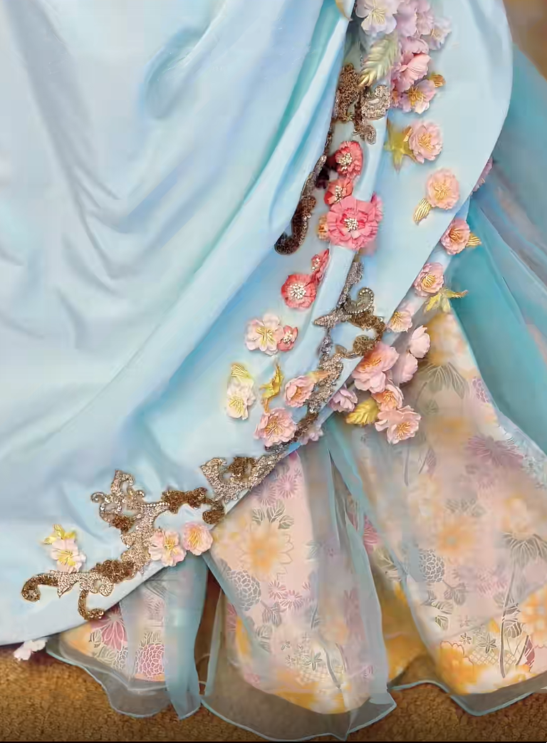 Luxury Sky Blue Strapless Corset 3D Floral Beaded Appliques Mermaid Long Prom Dress With Chapel Train AD1409