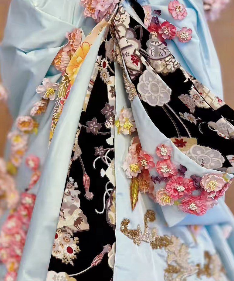Luxury Sky Blue Strapless Corset 3D Floral Beaded Appliques Mermaid Long Prom Dress With Chapel Train AD1409