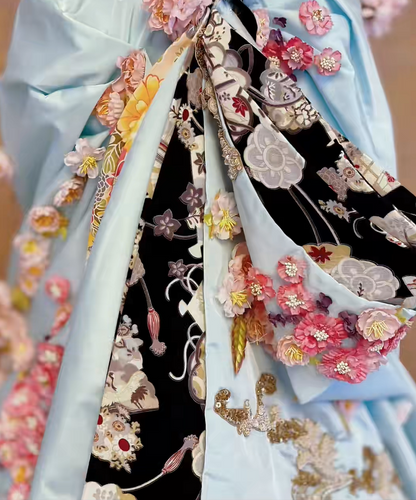 Luxury Sky Blue Strapless Corset 3D Floral Beaded Appliques Mermaid Long Prom Dress With Chapel Train AD1409