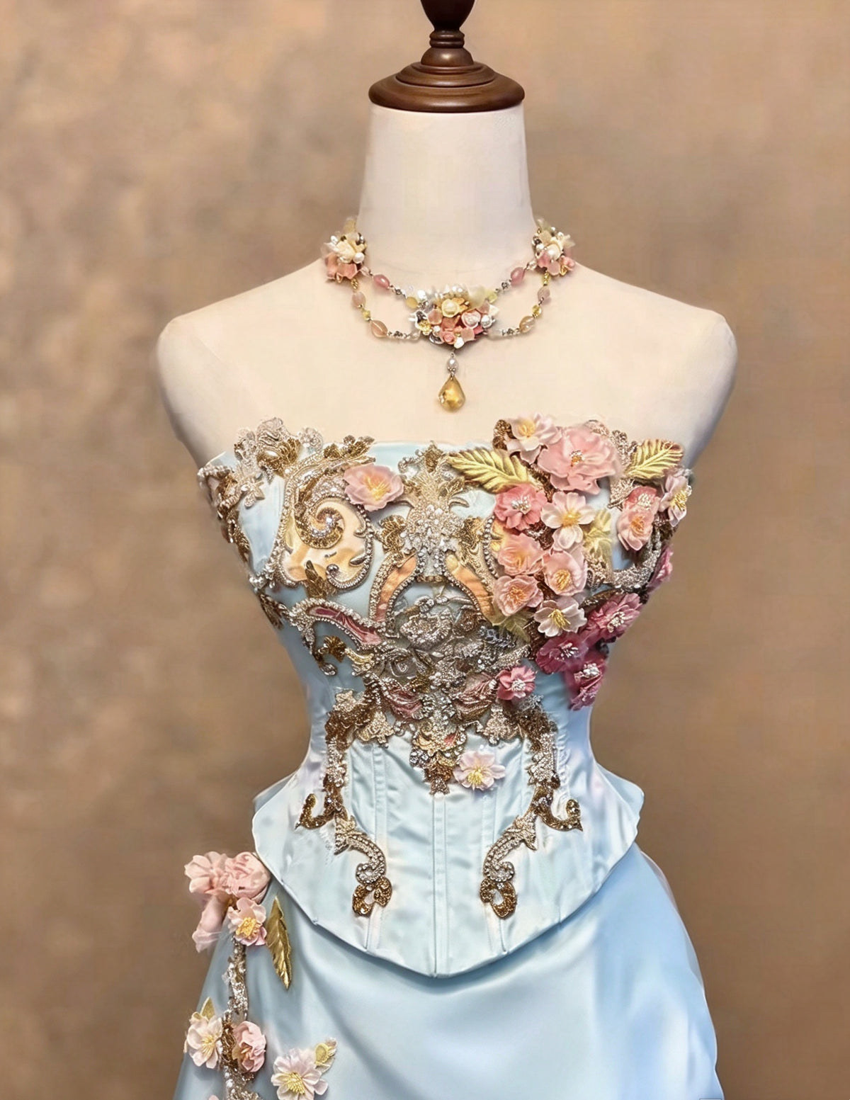 Luxury Sky Blue Strapless Corset 3D Floral Beaded Appliques Mermaid Long Prom Dress With Chapel Train AD1409