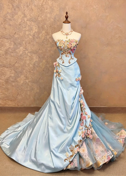 Luxury Sky Blue Strapless Corset 3D Floral Beaded Appliques Mermaid Long Prom Dress With Chapel Train AD1409