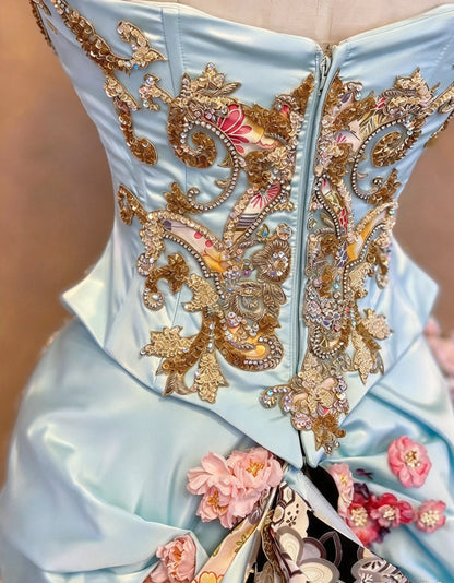Luxury Sky Blue Strapless Corset 3D Floral Beaded Appliques Mermaid Long Prom Dress With Chapel Train AD1409