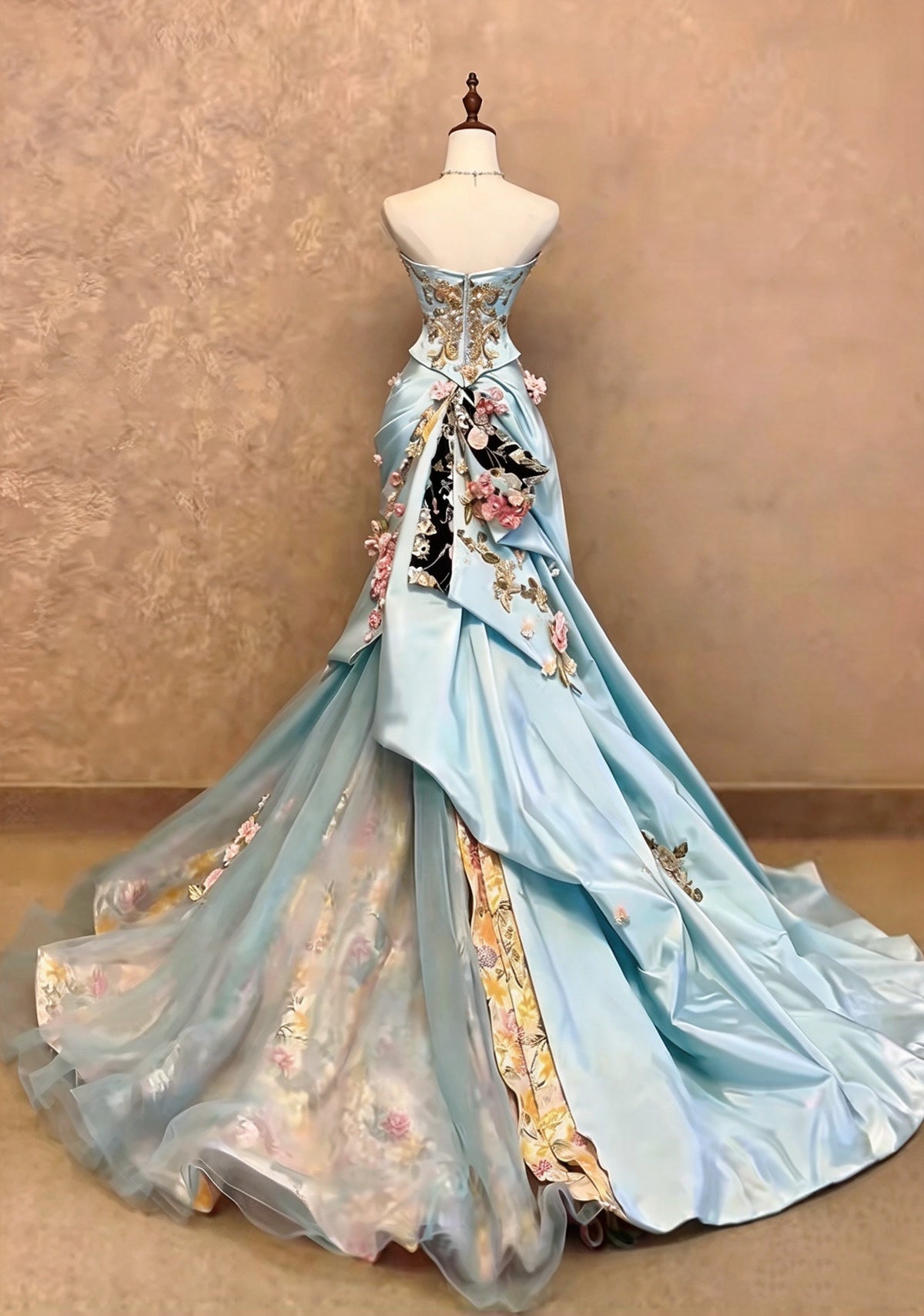 Luxury Sky Blue Strapless Corset 3D Floral Beaded Appliques Mermaid Long Prom Dress With Chapel Train AD1409