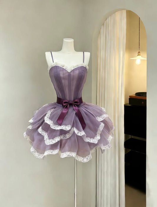 Chic Purple Spaghetti Straps White Lace Trim Sweetheart Neck Satin Waist Bow Multi-Tier Tulle A Line Short Homecoming Dress AS1409