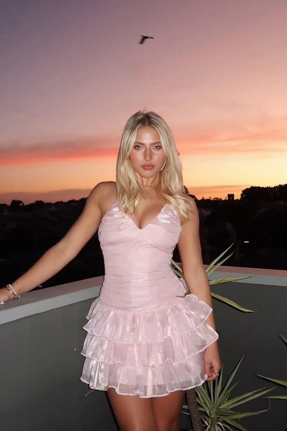Pink Shimmer Halter Nack Backless Tiered Ruffle Mini Homecoming Dress AS141