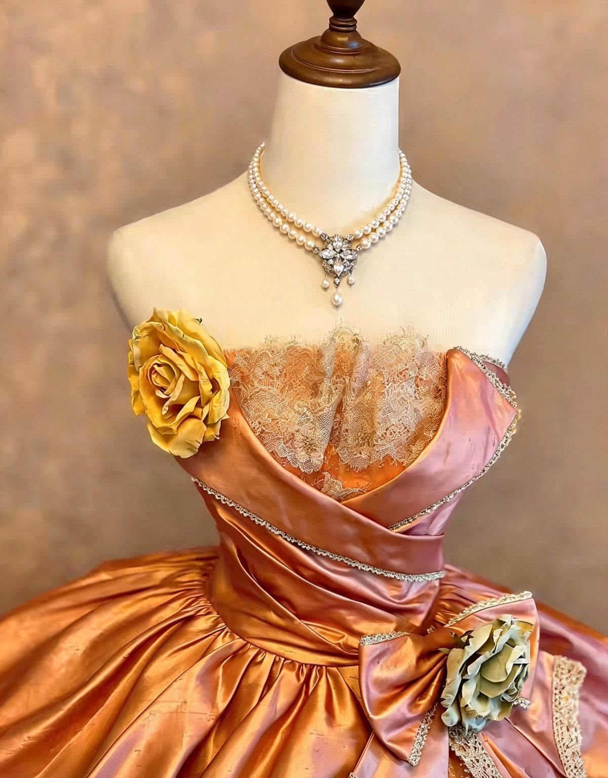 Vintage Copper Pink Strapless Satin 3D Flower Bow Lace Tiered A-Line Ball Gown Long Prom Dress AD1410