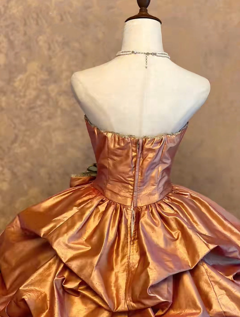 Vintage Copper Pink Strapless Satin 3D Flower Bow Lace Tiered A-Line Ball Gown Long Prom Dress AD1410