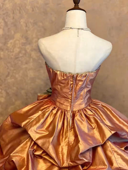 Vintage Copper Pink Strapless Satin 3D Flower Bow Lace Tiered A-Line Ball Gown Long Prom Dress AD1410