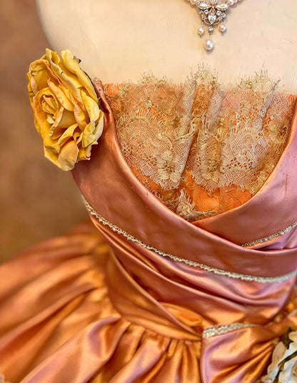 Vintage Copper Pink Strapless Satin 3D Flower Bow Lace Tiered A-Line Ball Gown Long Prom Dress AD1410
