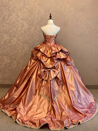 Vintage Copper Pink Strapless Satin 3D Flower Bow Lace Tiered A-Line Ball Gown Long Prom Dress AD1410