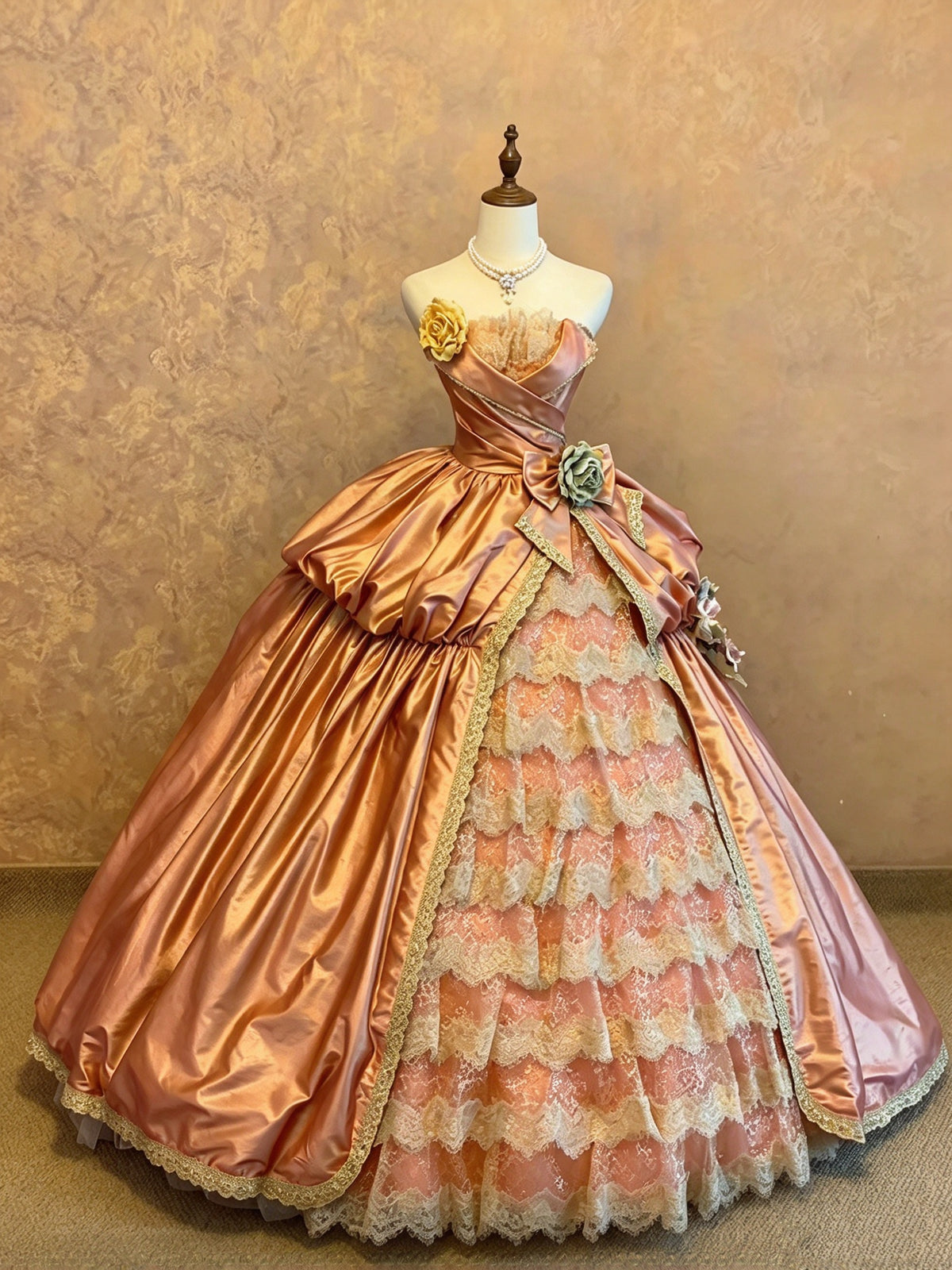 Vintage Copper Pink Strapless Satin 3D Flower Bow Lace Tiered A-Line Ball Gown Long Prom Dress AD1410