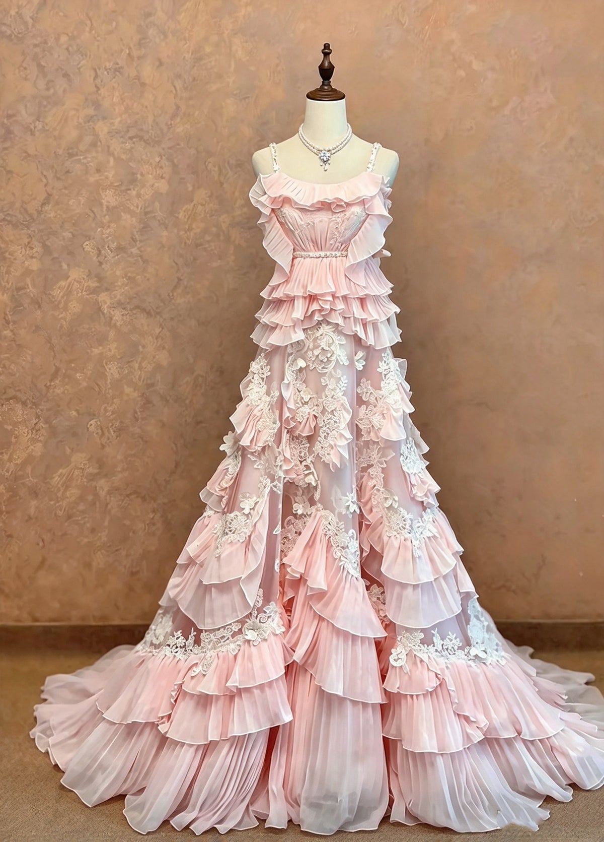 Gorgeous Blush Pink Spaghetti Straps Ruffled White Lace Appliques A-Line Long Prom Dress AD1411